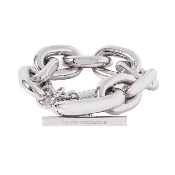 Paco Rabanne Silver Tone Chain Link Bracelet Womens Toggle Logo Engraved Brass - Picture 2 of 11